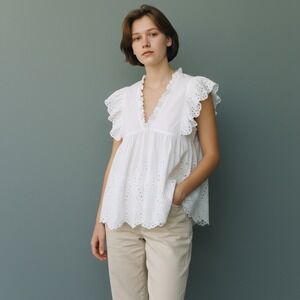 V-neck White Eyelet Babydoll Top with Flutter Sleeve Cotton Blouse Small